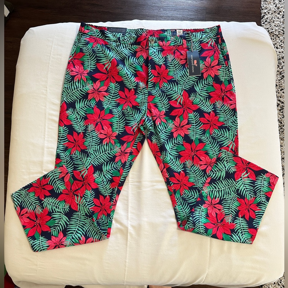 Vineyard Vines Floral Print Pants with Red and Green Design